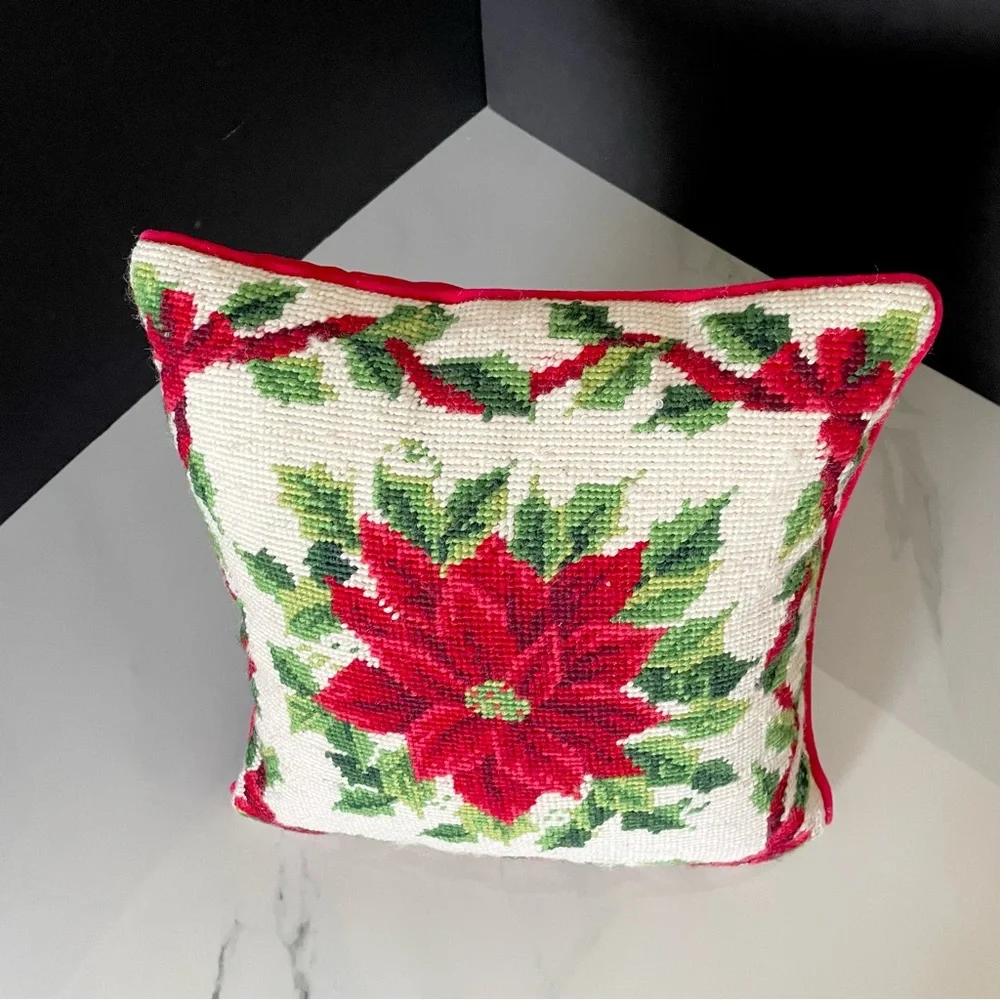 Poinsettia Needlepoint Holiday Pillow